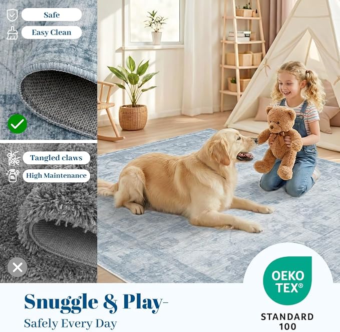 Homemate Washable Rug 6x9 Area Rugs - Vintage Faux Wool Rugs for Living Room Bedroom Dining Room - Non Slip Foldable Carpet Indoor Area Rug for Home Decor（6'x9', Blue