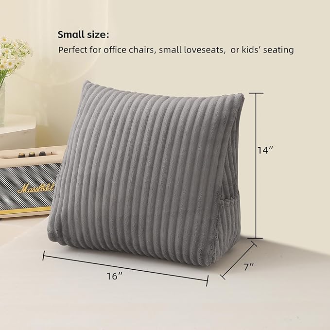 Corduroy Wedge Reading Pillow for Bed, 3 Sizes, 4 Colors for Bed, Sofa, Office Chair (Grey, Small 16 * 14 * 7in)