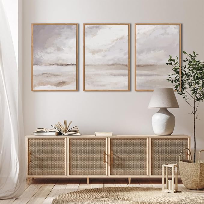 Large Neutral Abstract Framed Canvas Wall Art Set,Minimalist Gray and Beige Pastel Wall Decor,Modern Nature Misty Textured Art Painting for Living Room,Bedroom-16 x24 x3
