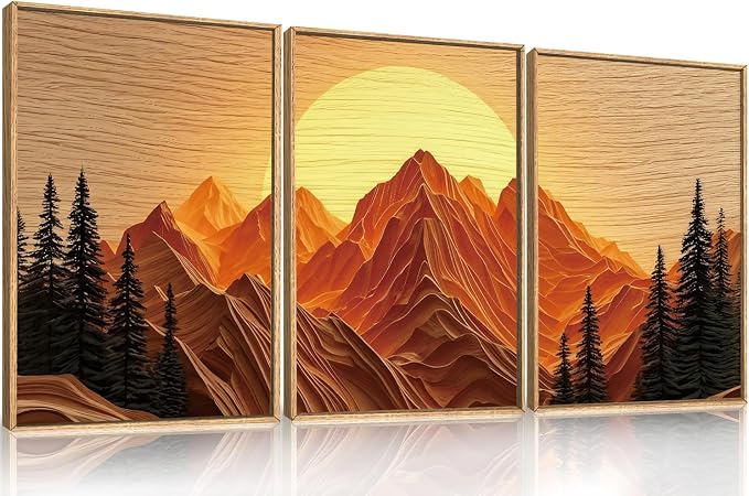 Large Boho Golden Mountain Framed Canvas Wall Art Set, Abstract Ridge Sunset Landscape Wall Decor, Natural Wooden Pine Tree Scenery Artwork for Living Room,Bedroom,Office-16 x24 x3
