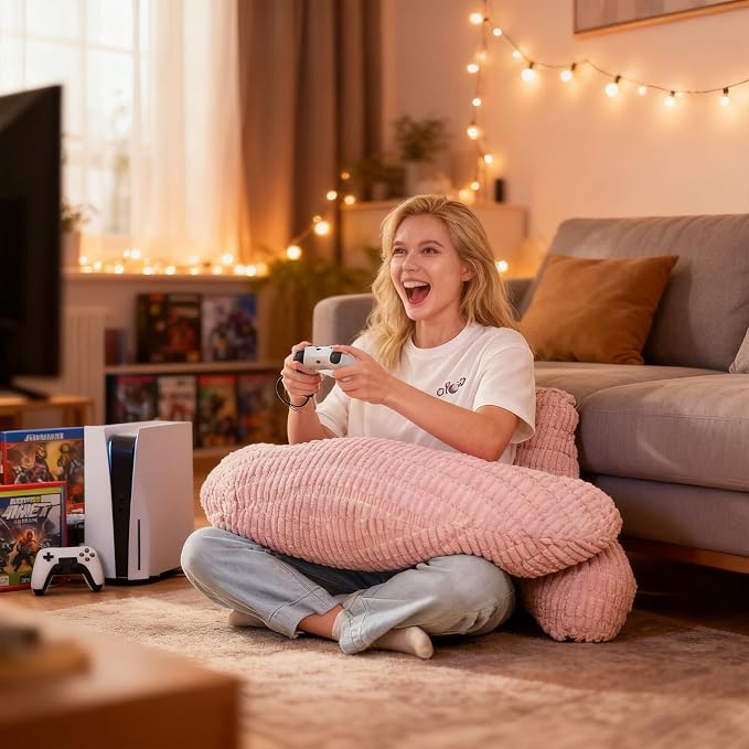 17" Reading Pillow for Bed,U Shaped Arm & Elbow Support,Pink Corduroy | Backrest Supports Back,U Shaped Lap Pillow Cushions Arms,Elbows & Wrists,Ribbed Corduroy for Reading,Gaming,Watching TV