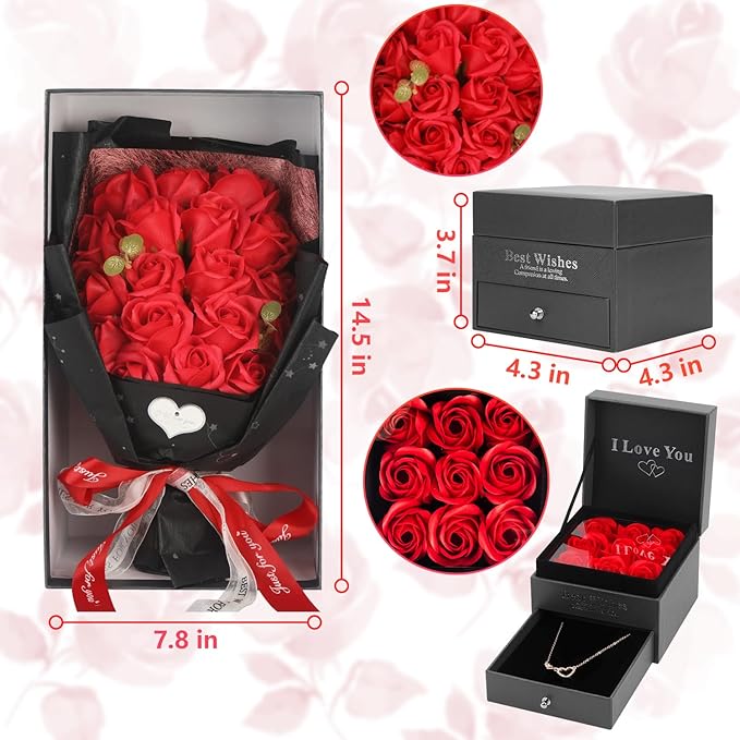 Rose Bouquet Rosas Eternas Preserved Rose Bouquet 18 Flower Bouquet with Beautiful Love Necklace, Unique Gift for Birthday, Valentine's Day, Mother's Day, Thanksgiving, Christmas, Anniversary(Red)