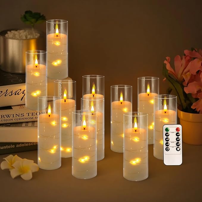 Pack of 12 Ivory Flickering Flameless Candles (D2.2 X H 5" 6" 7") Battery Operated with Remote, White LED Pillar Candles with Realistic Moving Wick for Halloween, Christmas, Home Decor & Wedding.