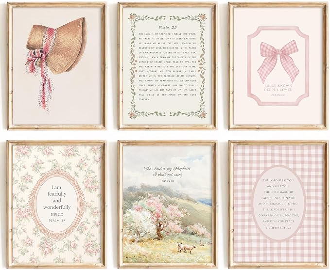 Christian Nursery Wall Art Bible Verse Canvas Wall Decor Pink Vintage Girls Nursery Poster Scripture Floral Bow Print Coquette Room Decor Pictures Jesus Artwork for Bedroom 8x10x6 Inch Unframed