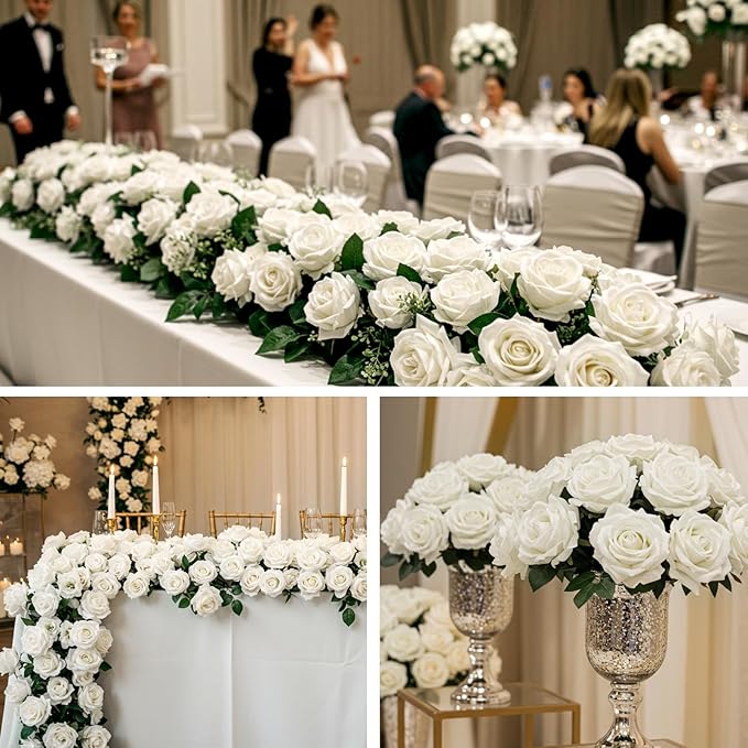 60PCS Artificial Roses Bulk, White Velvet Silk Fake Roses, Realistic White Flowers for Mother's Day, Wedding Centerpieces, Bridal Bouquets, Home Decor, Baby Shower, Valentine's Day Party Decorations