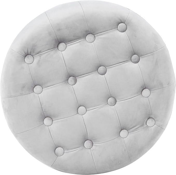 HomePop by Kinfine Fabric Upholstered Round Storage Ottoman - Velvet Button Tufted Ottoman with Removable Lid, Light Gray Small