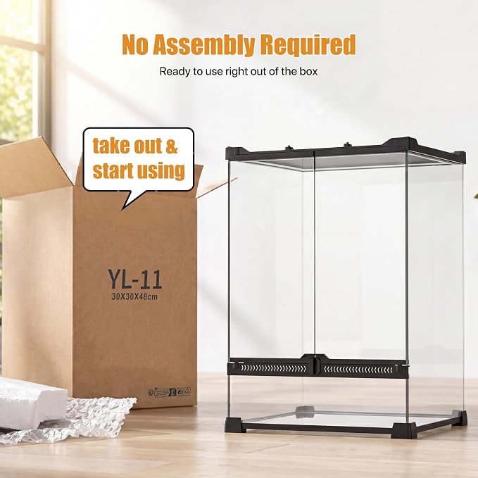 11 Gallon Fully Assembled Glass Reptile Enclosure,12"x 12" x 18" | Front Opening Tall Reptile Terrarium Tank for Crested Geckos, Tree Frogs & Other Arboreal Reptiles and Amphibians
