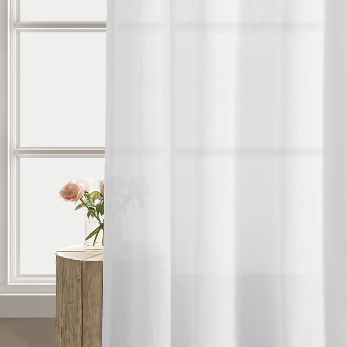 White Linen Curtains 72 Inches Long 2 Panels Set for Living Room Dining Grommet Flax Linen Drapes Light Filter Semi Sheer Boho Farmhouse Neutral Window Curtain 72 Inch Length for Closet Bedroom