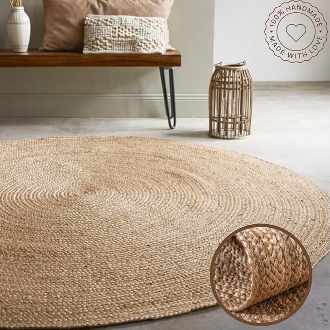 100% Jute Area Rug 7 Feet Round Natural Fibers- Braided Design Hand Woven Natural Carpet - Home Decor for Living Room Hallways Bedroom (Natural, 7 Feet Round)