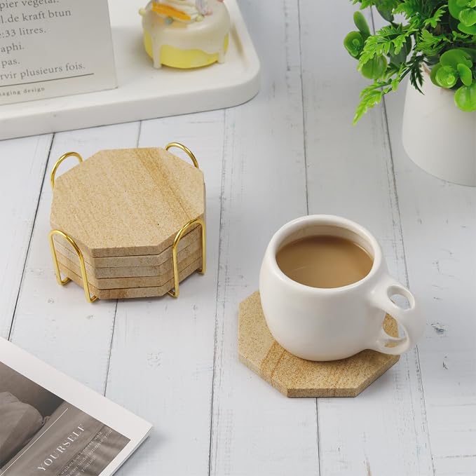 Octagonal Sandstone Coasters Set of 6 with Holder, Absorbent Stone Coasters with Soft Backing for Table Protection, Farmhouse Rustic Sandstone Coaster for Coffee Table Desk Patio Home Decor