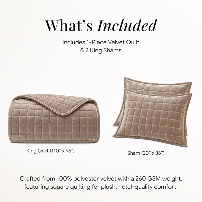 Tribeca Living Luxury Velvet Quilt Twin Size Set - 260GSM Ultra-Soft Oversized Velvet Bedspread Comforter Set with 1 Sham, in Florence Taupe