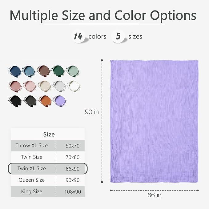 Carriediosa 100% Cotton Muslin Throw Blanket 66" X 90" Twin XL Size，4-Layers Summer Gauze Throws for Bed Couch，Soft Lightweight Breathable Linen Blankets Bedspread for Adults All Season，Light Purple