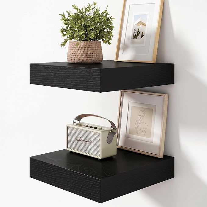 FLYJOE 12 Inch Floating Shelves, Black Square Floating Shelves Set of 2, 12''W x 12''D Wood Shelves for Wall, Deep Shelves for Bathroom Living Room, Engineered Wood, Mounting Hardware Included