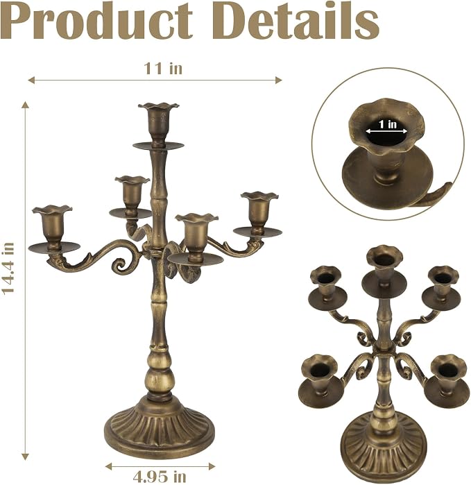 5-Light Metal Floral Candelabra Vintage Bronze Candle Holders for Taper Candles Ornate Antique Farmhouse Brass Candlesticks Centerpiece for Wedding Outdoor Dining Party Mantel Decor