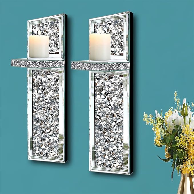 ZOLAPI Set of 2 Crystal Crush Diamond Candle Sconces, Gorgeous Silver Mirrored Wall Sconce, Candle Holder Glass Wall Decorations for Home Décor, Living Room, Dining Room.