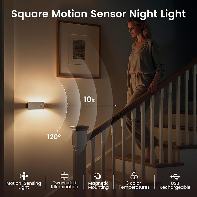 Rechargeable Motion Sensor Night Light, Mini Stick-on Anywhere Night Light, Soft Two-Sided Glow, Magnetic, 3CCT Wireless Lights for Bedroom, Hallway, Closet, Kitchen, Stairs