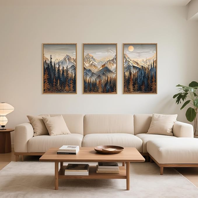 Mountain Wood Framed Canvas Wall Art Set,Rustic Pine Trees Wall Painting,Boho Ridge Scenery Wall Decor,Natural Sun Landscape Art Print for Living Room,Bedroom,Dining Room,Office-16 x24 x3