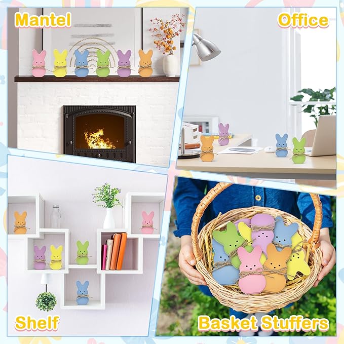 Easter Bunny Decorations for Home Table,6 PCS Spring Wooden Peeps Centerpiece Signs Decor with Hemp Rope for Indoor Office Tiered Tray,Easter Basket Stuffers Wood Gifts Stuff for Mantel Shelf Bathroom