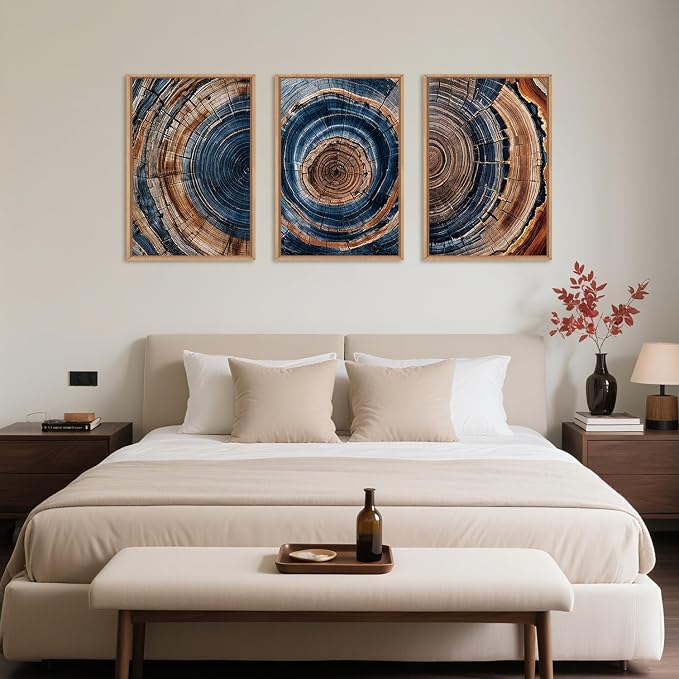 Colorful Tree Rings Framed Canvas Wall Art Set,Abstract Blue and Brown Wood Grain Wall Decor,Nature Modern Annual Ring Texture Artwork for Living Room,Bedroom-16 x24 x3
