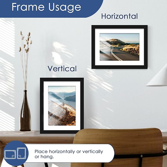 PEALSN 6x8 Picture Frame Set of 6, Display Pictures 5 x 7 with Mat or 6 x 8 without Mat for Wall Mounting or Table Top Display, Photo Frames Collage for Wall Decor, Black.