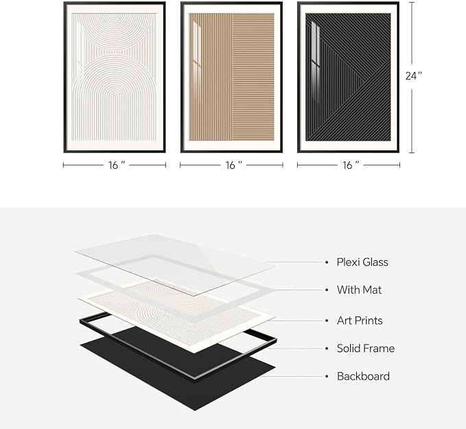 Framed Black and White Abstract Wall Art Bedroom, 3 Piece Neutral Modern Minimalist Canvas Artwork for Walls, Geometric Boho Pictures Prints for Living Room Dining Room Hallway Wall Decor, 16x24 Inch