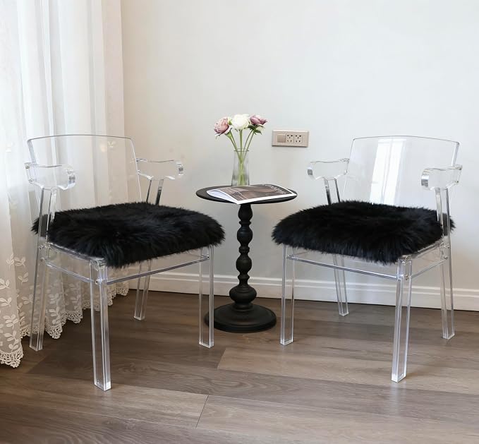 Sheepskin Chair Cushion Non-Slip Back Square Genuine Fur Chair Cover Silky Natural Wool Seat Cushion Pad Soft Area Rugs Carpet for Home Office Restaurant Chair 18x18 Inch (Pack of 2), Inky Black