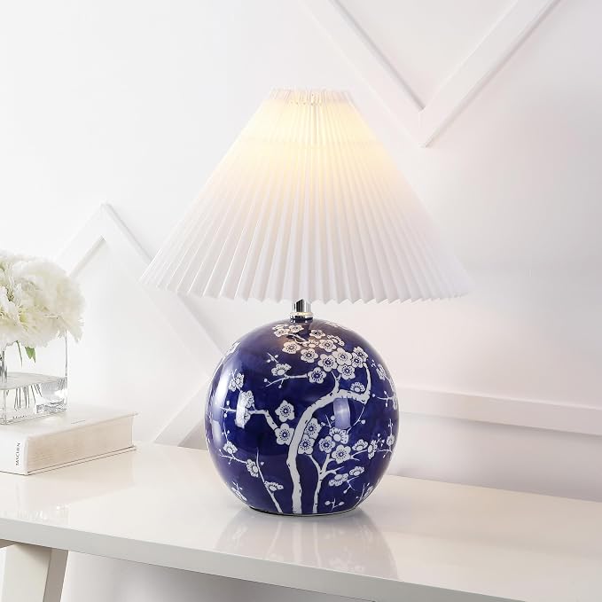 JONATHAN Y 19.5" Navy/White Shishen Chinoiserie Ceramic Table Lamp, Traditional Hand-Painted Floral Cottage Lamp with White Pleated Linen Shade, LED Bulb Included (JYL5056C)