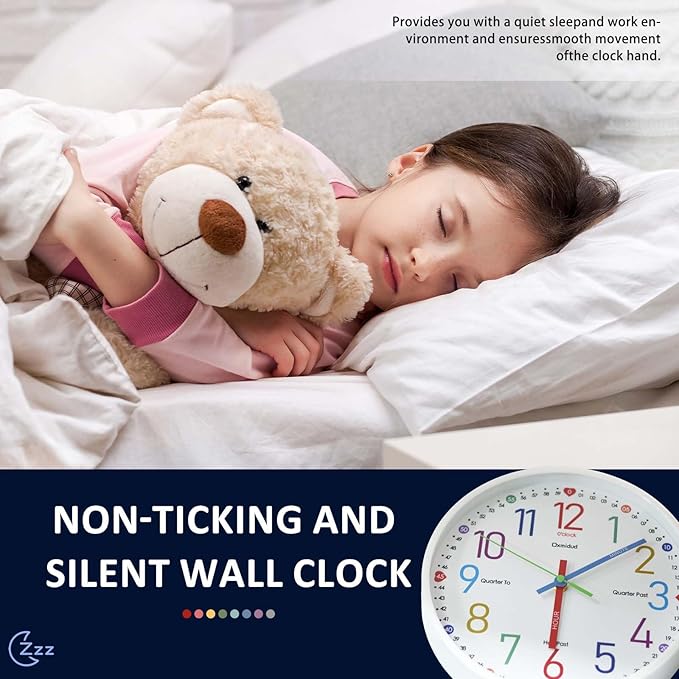 Learning Clock for Kids,10'' Silent Non-Ticking Teaching to Tell Time Colorful Wall Clocks for Children's Room Bedroom Classroom Home Decor, Gifts for Christmas Birthday (White)