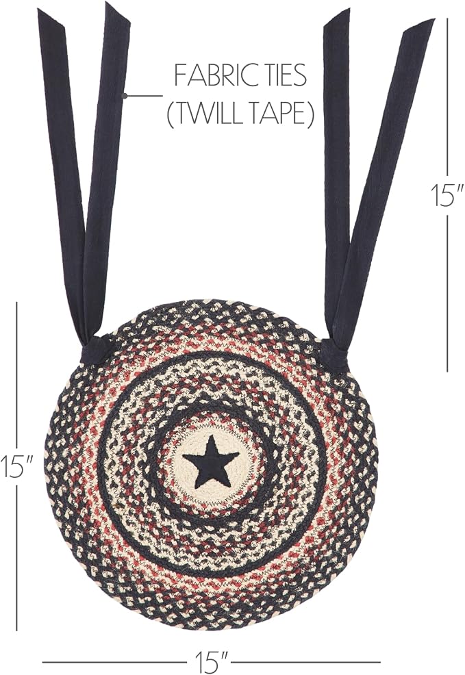 VHC Brands Colonial Star Round Seat Cushion Chair Pad, Tan Black Red, Jute Blend with Ties, 15x15 Inches