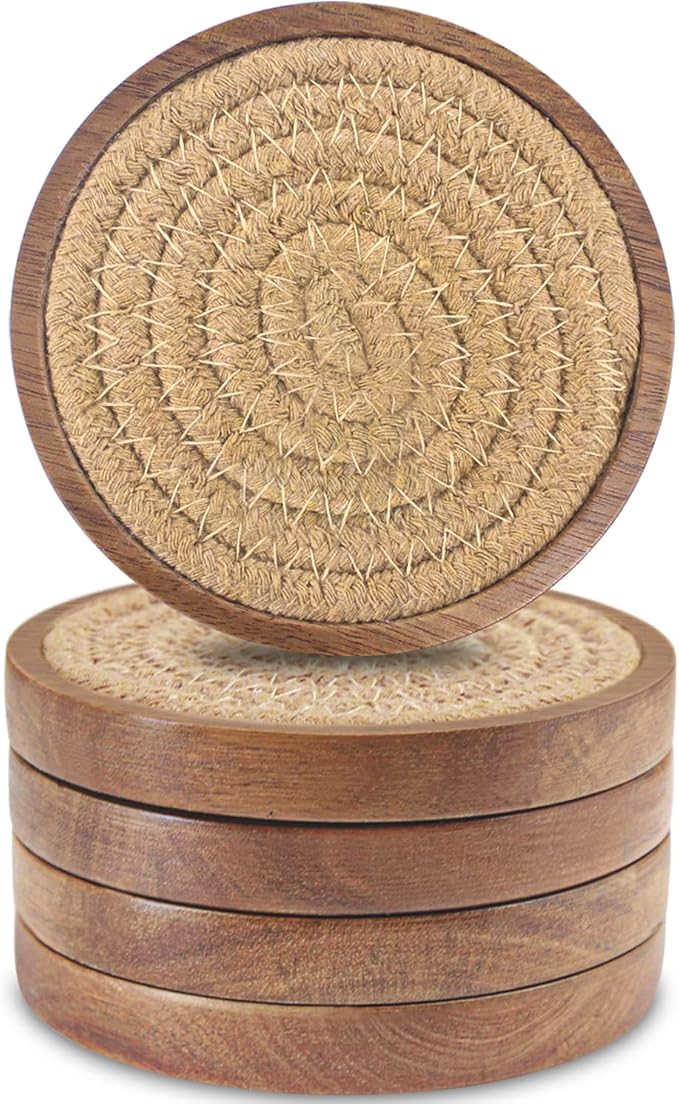 Wood Coasters for Drinks, Eykao Absorbent Coaster Sets of 5, Woven Drink Coasters for Coffee Table, Housewarming Gift for Farmhouse Home Decor,4 inches