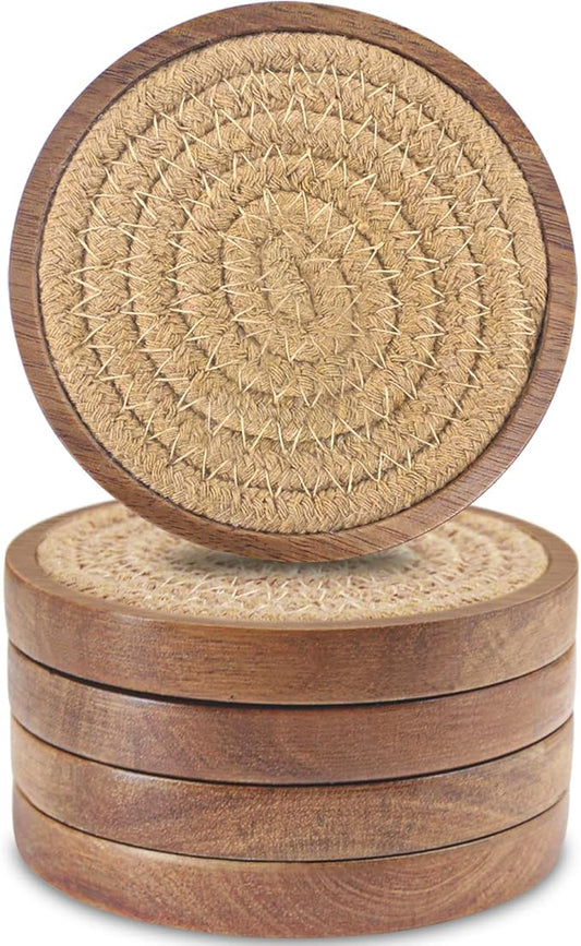 Wood Coasters for Drinks, Eykao Absorbent Coaster Sets of 5, Woven Drink Coasters for Coffee Table, Housewarming Gift for Farmhouse Home Decor,4 inches