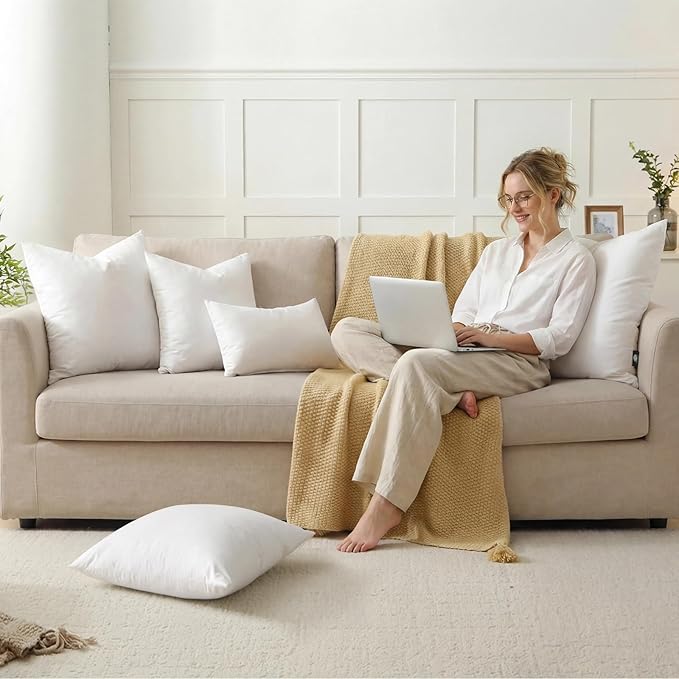 BPC Luxury Feather Down 18x18 Pillow Inserts Set of 2, Soft Fluffy Throw Pillow Inserts, 100% Organic Cotton Cover, Square Pillows for Couch, Living Room, Bed, Sofa