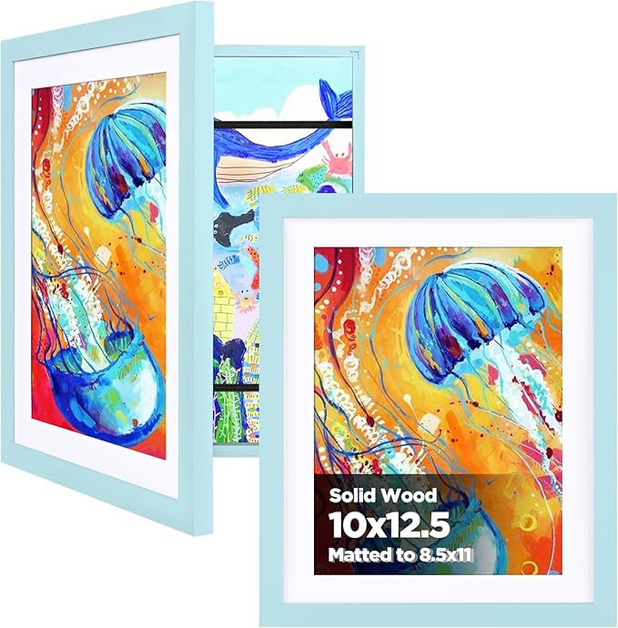 KINLINK 10x12.5 Kids Art Frame Set of 2, Solid Wood Kids Artwork Frames Changeable with Front Opening Hold 150 Pictures, Art Frames for Kids Art with Mat，without Mat 10x12.5 Picture Frame Light Blue
