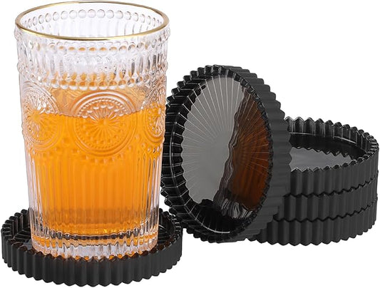 Drink Coaster Set of 5- Coffee Table Coasters, Round Cup Mats Home Décor Accents, Cup Coaster, Glass, Black, Coasters for Office, Kitchen, Bar, Dining Room, Living Room, Patio
