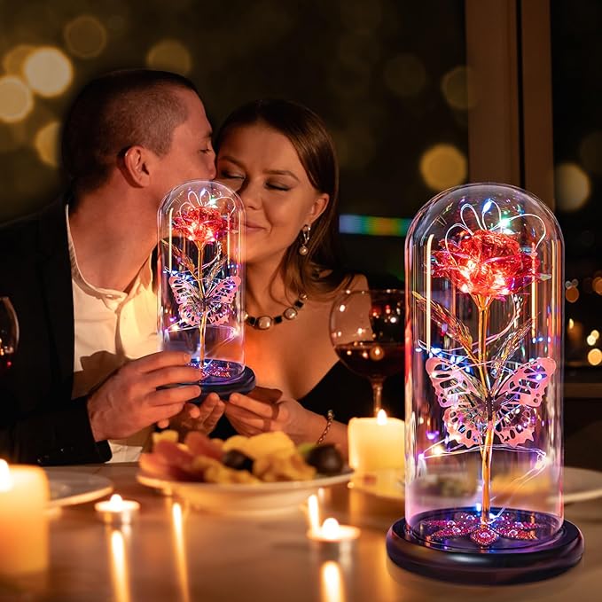 Mothers Day Flowers Gifts for Mom Women Birthday Gift, Galaxy Glass Rose Forever Eternal Crystal Flowers Rose in Glass Dome with Butterfly Mother's Day Roses Gifts for Mom Daughter Wife Grandma Red