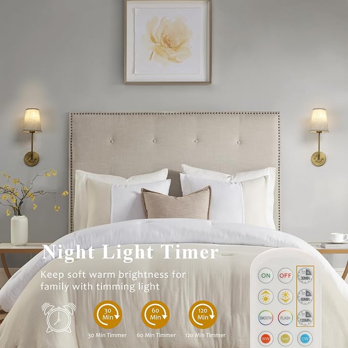 Pathson Rechargeable Battery Operated Wall Sconces Set of 2, Wireless Dimmable Wall Vanity Lights, Linen Fabric Shades, Remote Control Wall Lighting for Bedroom Living Room Includes Bulbs