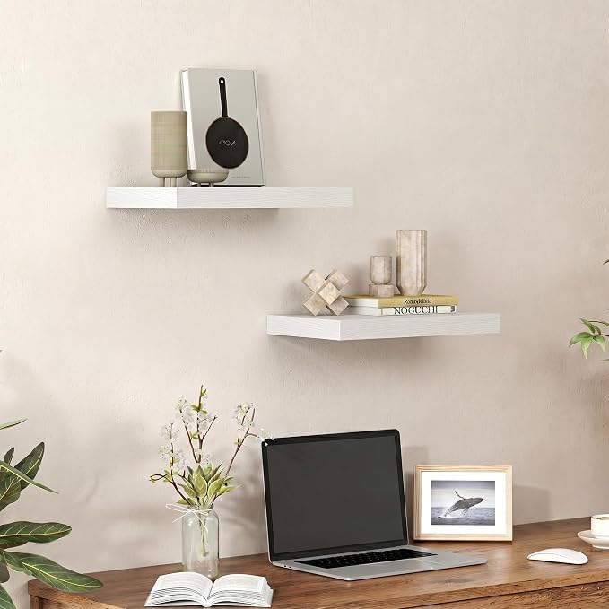 Heimlove 16 inchs Floating Shelves for Wall Set of 2,White Shelf for Small Bathroom,Bedroom,Living Room,Kitchen,Modern Home Decor,Rustic Farmhouse Wall Shelves with Invisible Brackets