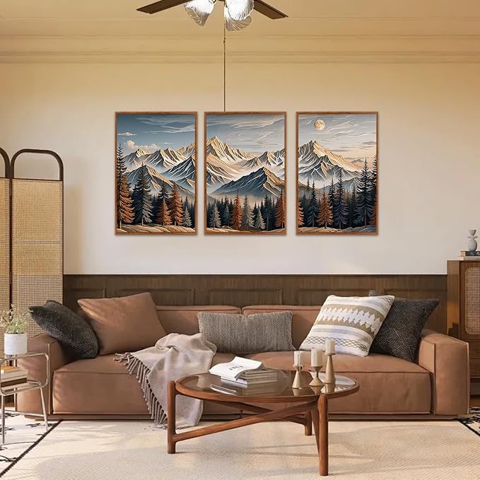 LHIUEM Vintage Landscape Wall Art,Large Wood Wall Art,Carved Wood Wall Decor,Earthy Landscape Canvas Art Prints,Big Snow Mountain Sunrise piciures,Birch Tree painting for Home Office -16"x24"x3