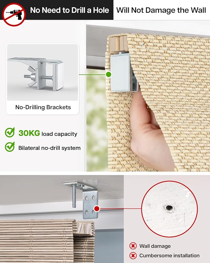 LazBlinds No Drill Cordless Bamboo Roman Shades, Light Filtering Blinds for Indoor Windows, Roll Up Bamboo Blinds for Home, 30" W x 48" H, Star-Beige