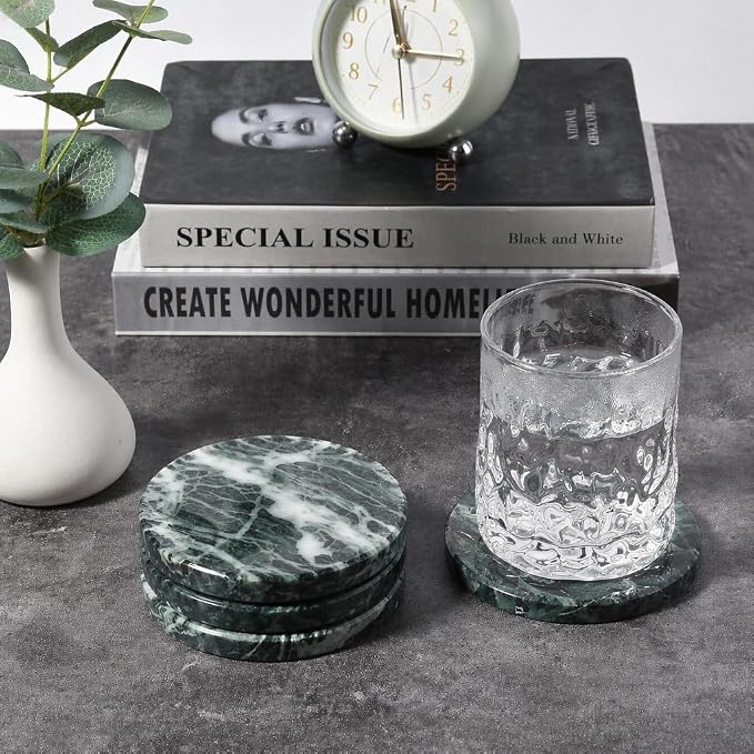 Koville Marble Coasters, Round Modern Coaster Set of 4 for Drinks, 4" Stone Coaster Heat Resistant, Decorative Marble Coasters for Coffee Table Home Bar Decor, Gift Choice(Verde Alpi)