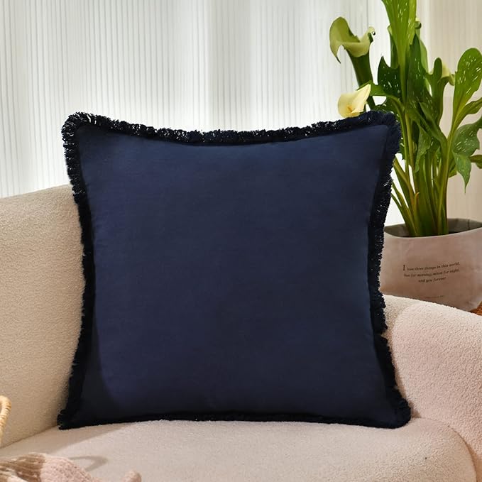 ZWJD Pillow Covers 22x22 Set of 2 Navy Throw Pillow Covers with Fringe Chic Cotton Decorative Pillows Square Cushion Covers for Sofa Couch Bed Living Room Farmhouse Boho Decor