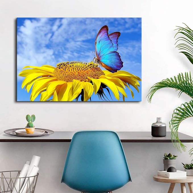 Sunflower Wall Art Bathroom Decor Blue Butterfly Canvas Pictures for Bedroom Sunflower Wall Decor Floral Posters Living Room Kitchen Home Decoration Yellow Sunshine Flower Painting Modern Artwork 24x36"