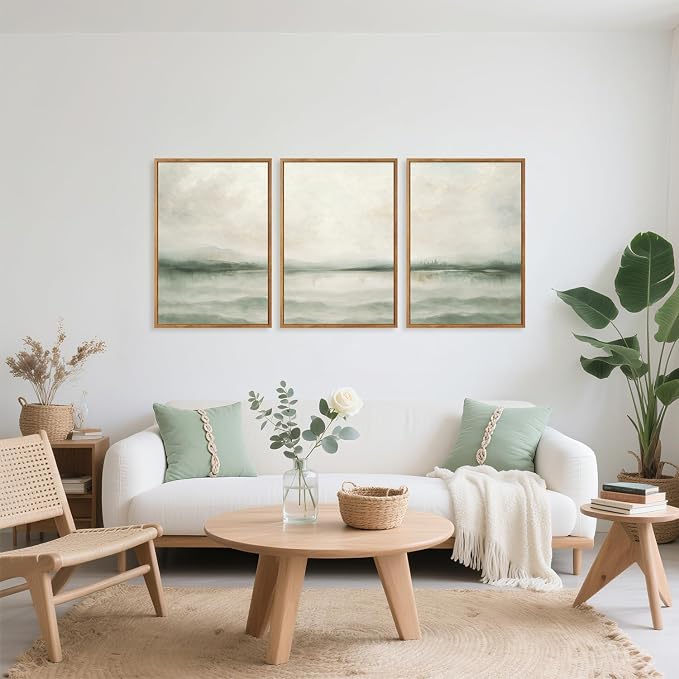 TOARTi Large Framed Misty Green Mountain Lake Canvas Wall Art,Watercolor Abstract Natural Landscape Wall Decor,Neutral Modern Scenery Art Prints for Farmhouse Home Living Room Bedroom Office-24”x35”x3