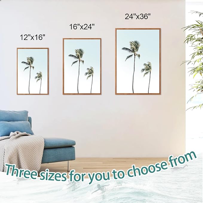 CHDITB Coastal Framed Canvas Wall Art, Beach Surfing Posters, Neutral Palm Tree Ocean Decor, Summer Vacation Artwork Tropical Seaside Painting for Home Living Room Coastal Bedroom 24"x36"x3