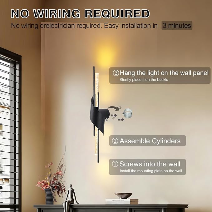 camuucci Battery Operated Wall Sconces Set of Two,Modern Wireless Wall Lights,LED Rechargeable 20000mAh Not Hardwired Remote Control Dimmable Wall Lamp Fixtures for Bedroom Black 25 Inches
