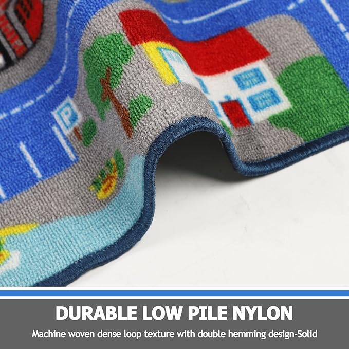 Capslpad Blue Car Road Kid Rug Carpet Playmat for Playoom Traffic Road Kids Play Mat for Toddler Non Slip Washable City Map Race Track Carpet Rug for Kids Room Bedroom Nursery Room Decor,5'x2.7'