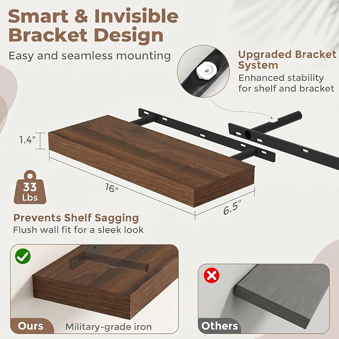 Venusmiles Floating Shelves for Wall, 16 Inch Floating Shelves Set of 2, 6.5" D Wooden Wall Mounted Display Shelves with Invisible Brackets for Living Room, Bedroom, Bathroom, Kitchen Decor, Walnut