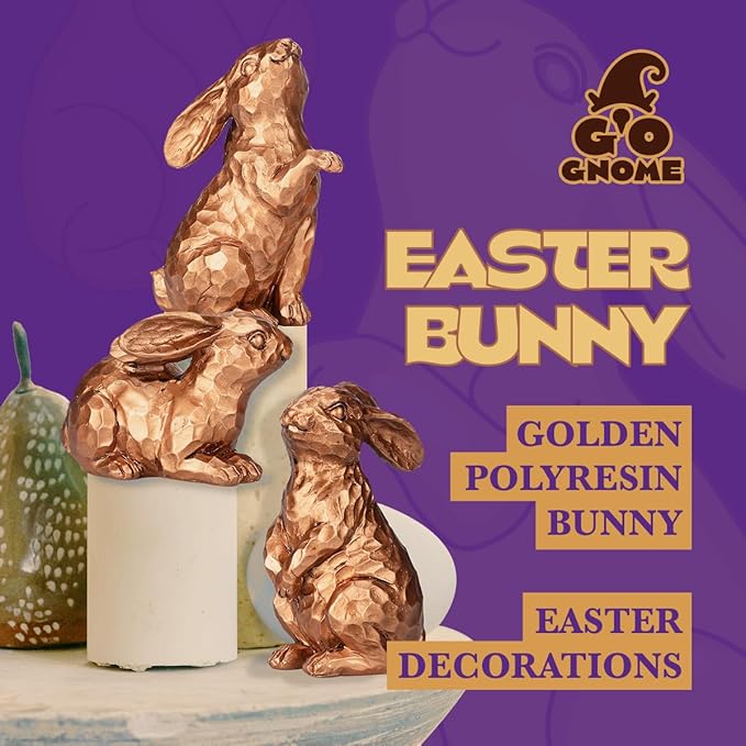 GoGnome Set of 3 Rosy Bronze Easter Decorations Resin Bunny Figurines – Easter Decorations for Home, Elegant Rabbit Decor for Table, Shelf, Mantel (Gold)