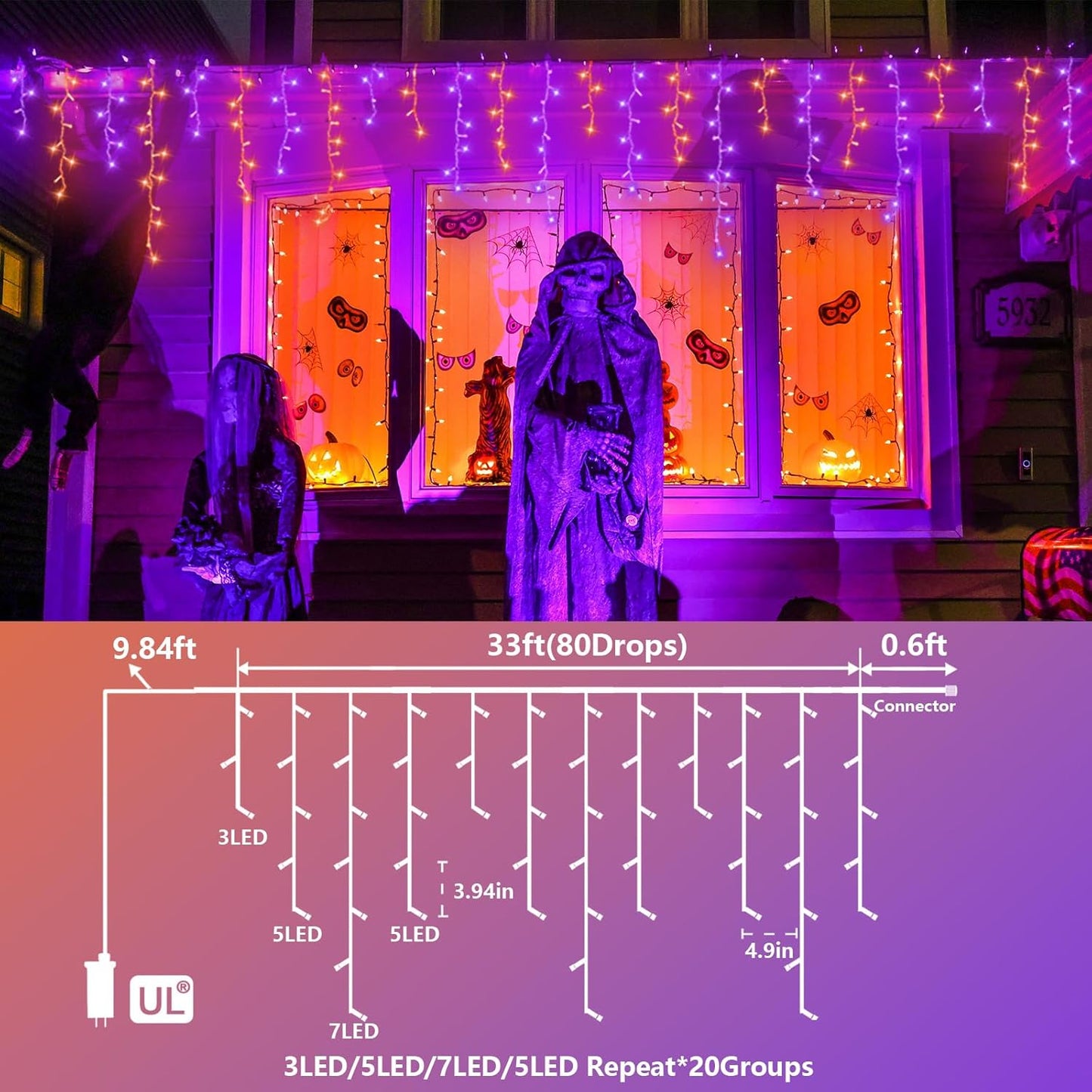 YEGUO 33ft 400 LED Orange and Purple Icicle Halloween Lights, 80 Drops Icicle Lights Connectable, 8 Modes Icicle Christmas Light with Memory Timer