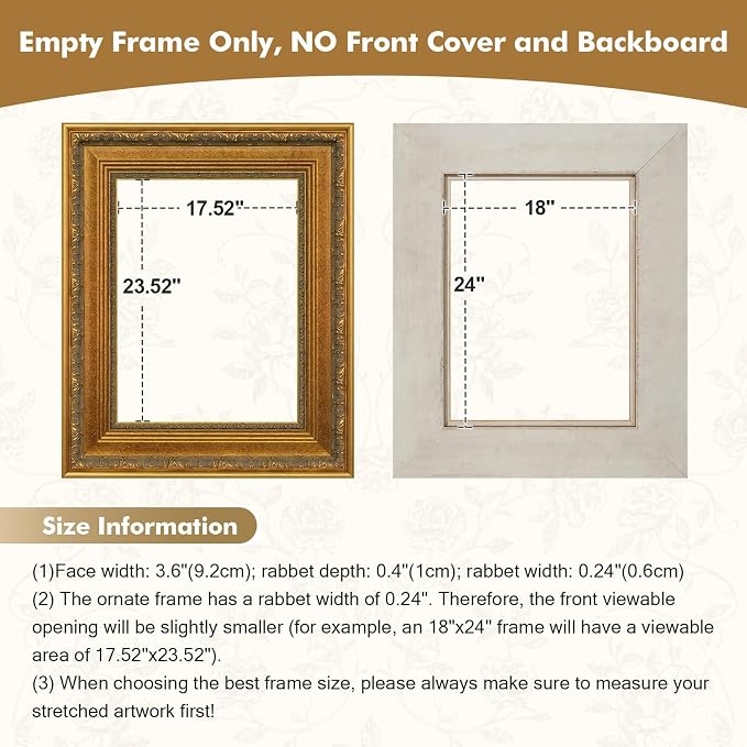 Luxury Museum Style Canvas Frame for 24x32 Oil Paintings Diamond Art Prints, 3.6" Wide DIY Wood Baroque Gallery Wall Frame for Coffee Shop Dining Room Kitchen Decor, No Back & Glass (Gold)